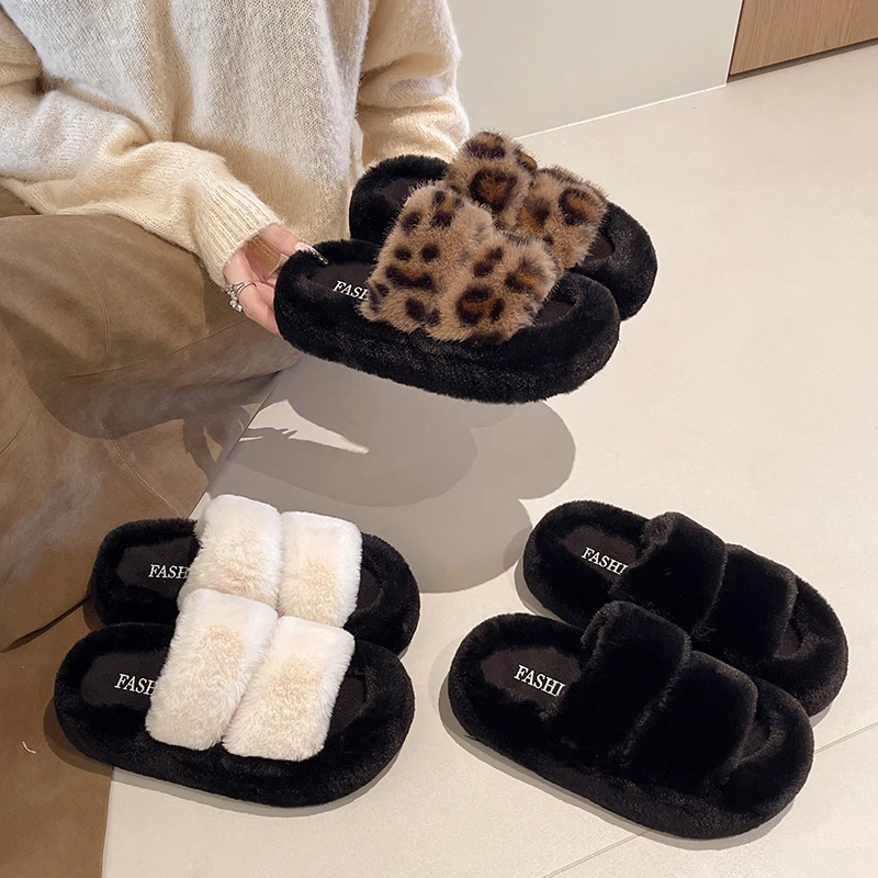秋季新款网红豹纹时尚百搭毛毛拖鞋外穿一脚蹬一字拖鞋厚底棉拖鞋