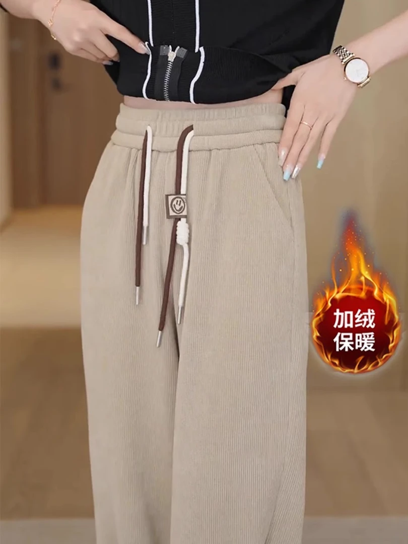 2025新品口袋阔腿裤松紧腰休闲风休闲裤大码高腰时尚加绒保暖冬季