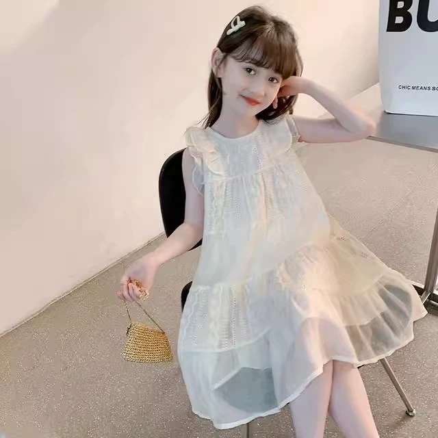 女童衬裙纯色儿童公主风夏季女孩连衣裙蕾丝时尚中大童公主裙无袖