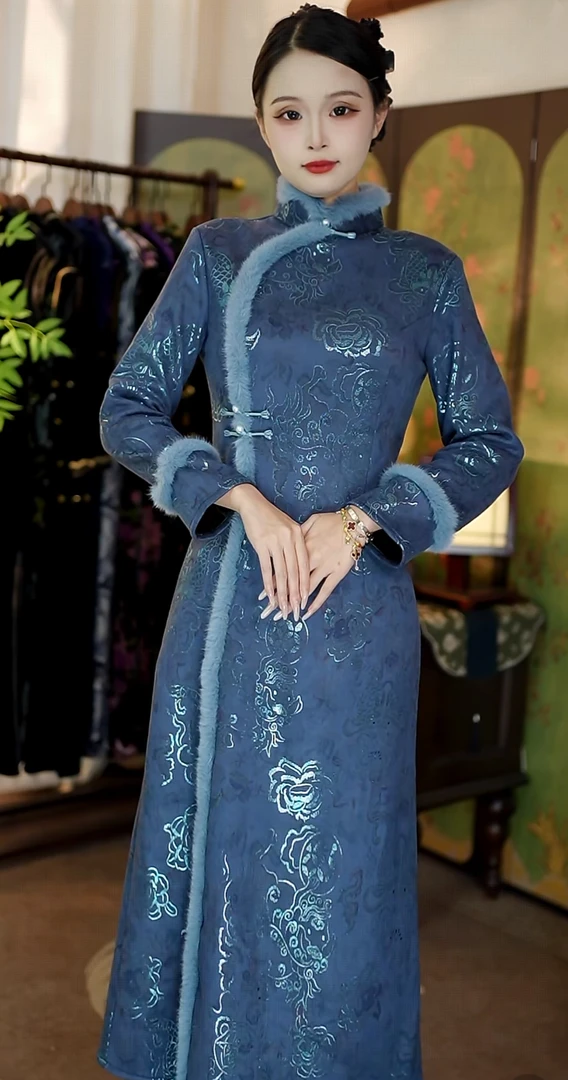 青霜凝 新款日常麂皮加绒气质厚绒优雅旗袍