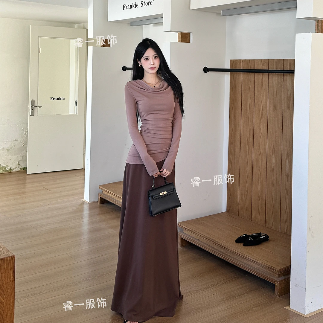 TITI 秋季新款（两件套）长袖修身上衣A摆半裙显瘦时尚套装女