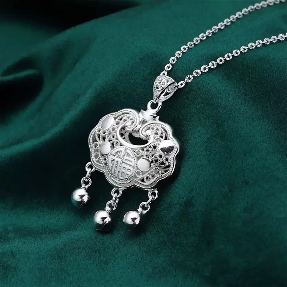 吊坠足银 大号祥云长命锁吊坠足银999成人宝宝编红绳银链项链