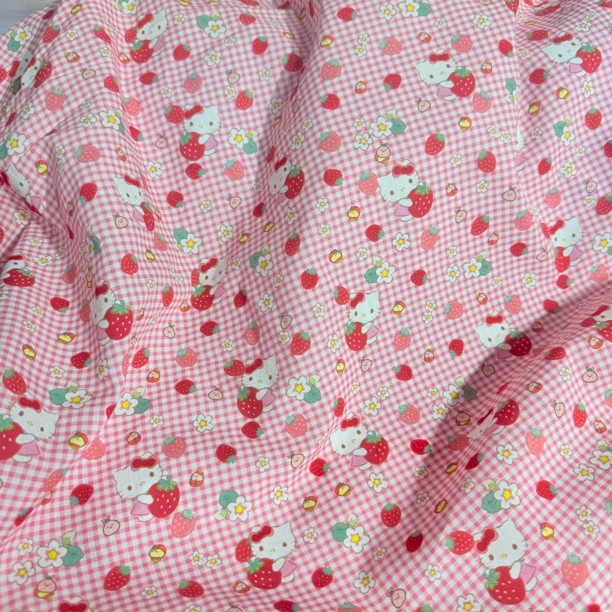 夏季薄款全棉卡通草莓kt猫40支府绸衬衫连衣裙四件套手工DIY