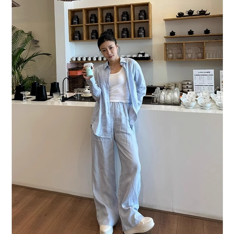 法式高端棉麻蓝色衬衫套装女夏季休闲松弛感慵懒风亚麻防晒衣长裤