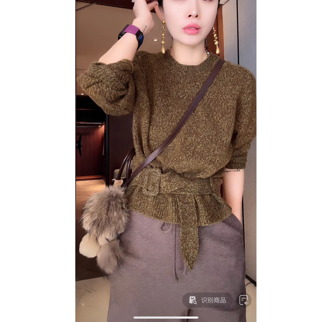 杨圣坤2025新品100%绵羊毛复古花纱长袖针织衫S82592235