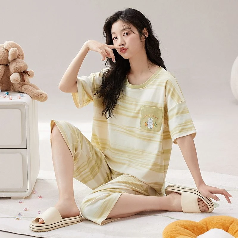 夏季少女可爱休闲圆领仿棉睡衣七分裤短袖韩版宽松家居服女套装
