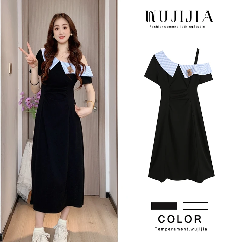 五季家夏季气质设计感显瘦黑色长/短款连衣裙大码女装ZL109069