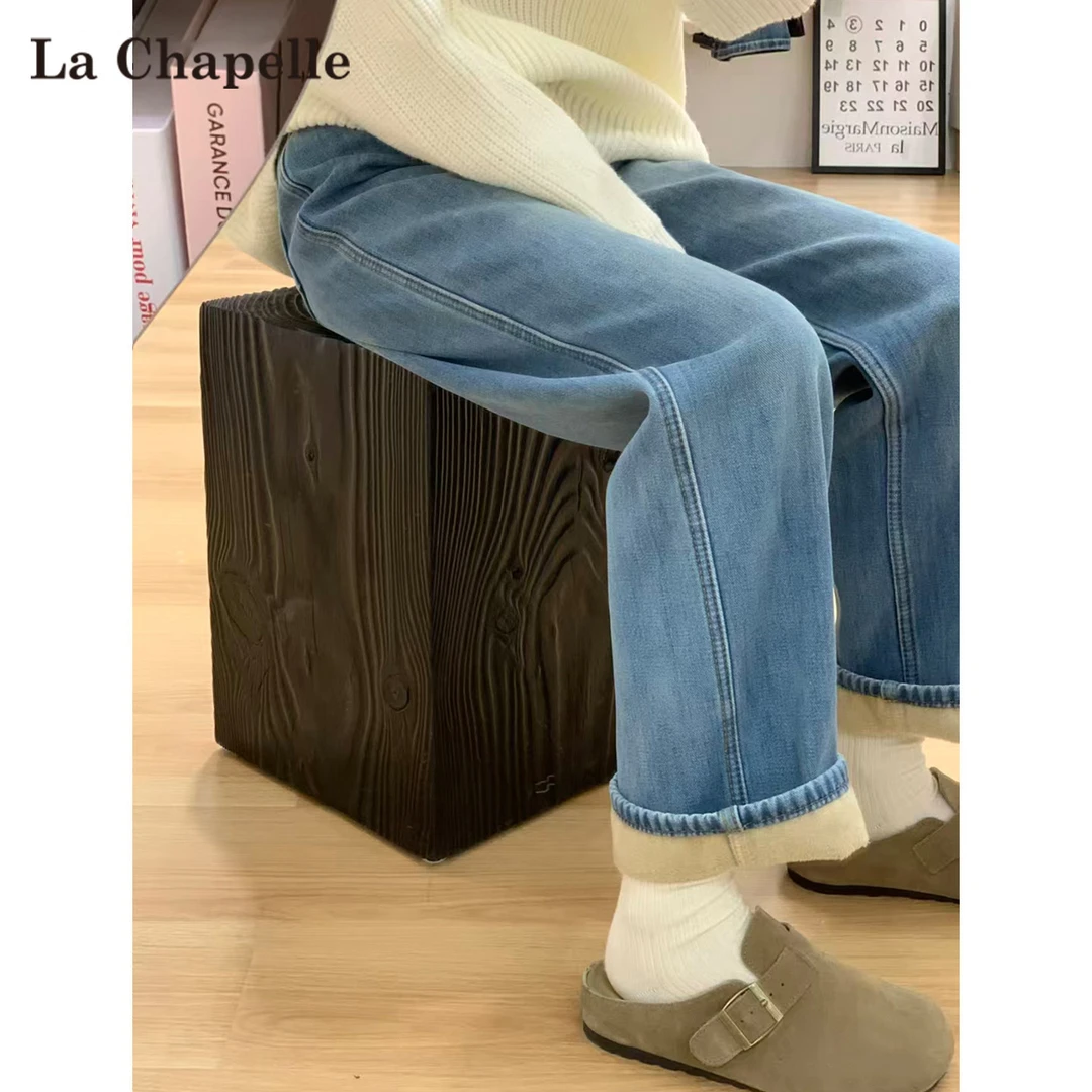 拉夏贝尔浅色直筒加绒牛仔裤女秋冬小个子高腰遮胯显瘦窄版阔腿裤