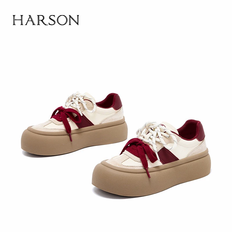 Harson/拼色系带纯色板鞋透气时尚休闲鞋韩版春季秋季圆头厚底