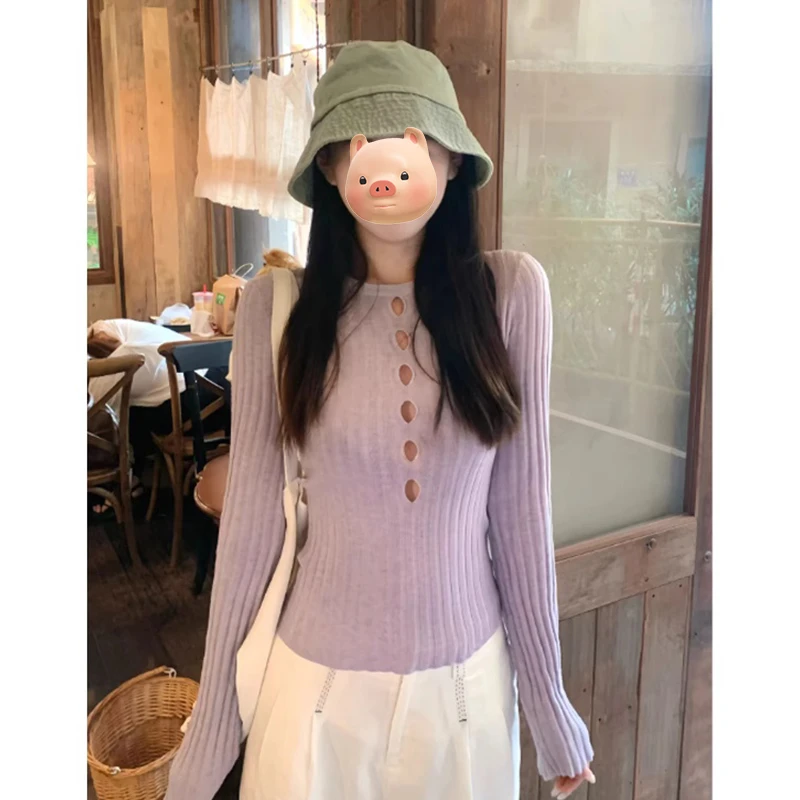 紫色圆领镂空长袖针织衫女2025早秋季新款修身辣妹内搭打底衫上衣