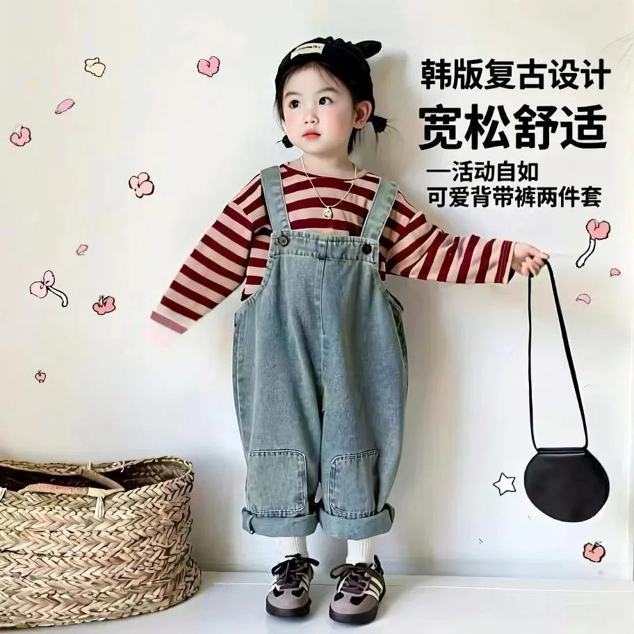 女童秋装牛仔背带裤女儿童复古2025中小童可爱宽松连体裤套装韩版