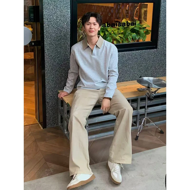 cleanfit千鸟格拼接假两件白色长袖t恤男秋季美式正肩polo衫卫衣