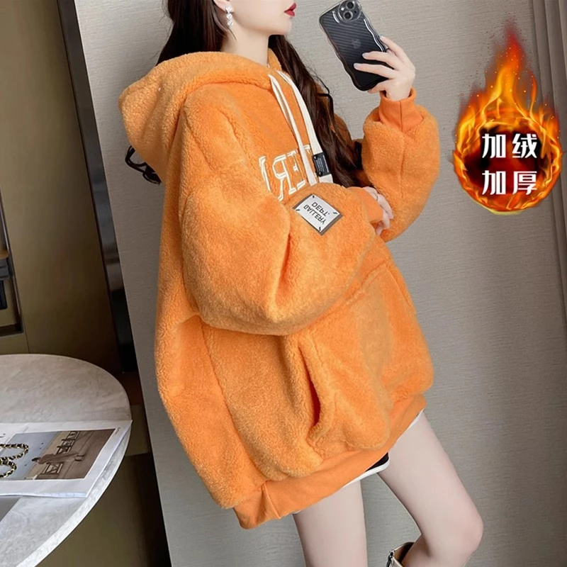 套头秋冬加绒慵懒风羊羔绒连帽ins卫衣韩版女潮