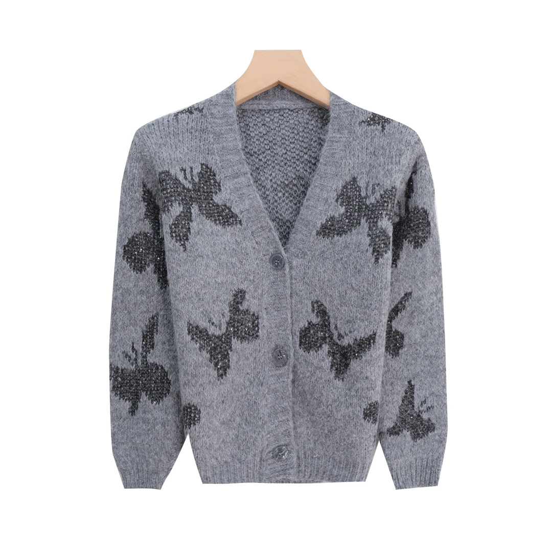 冬季新款蝴蝶开衫V领宽松慵懒针织衫毛衣X27449