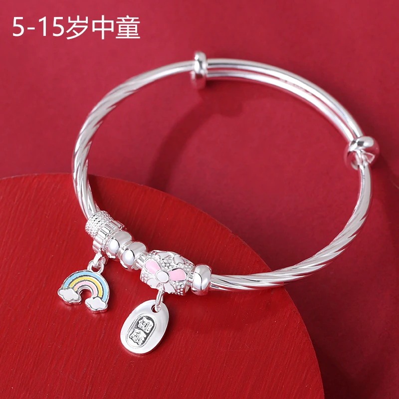 足银手镯 4到12岁999纯银卡通彩虹中大童光面实心推拉足银手镯