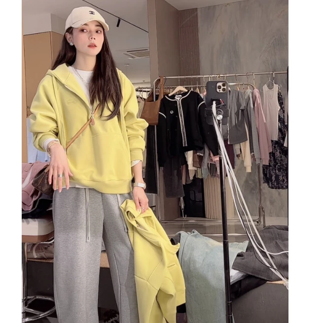 九佳 【缃叶黄】新款350G高克重宽松显瘦薄款半拉链连帽卫衣休闲