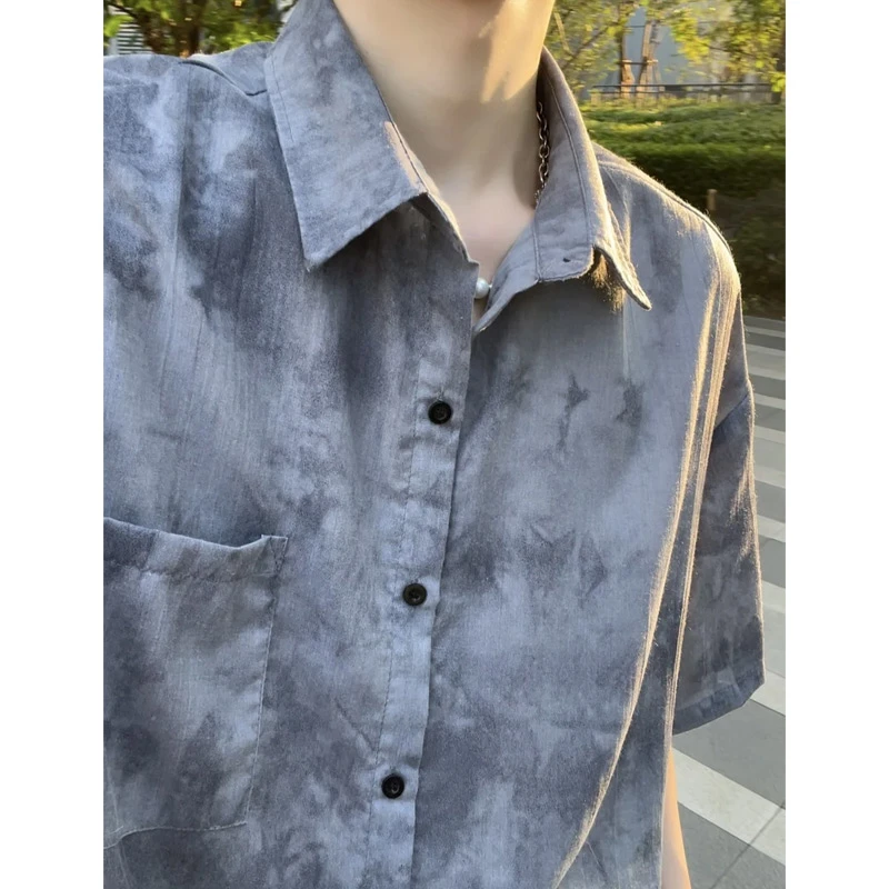 美式扎染短袖衬衫男生夏季叠穿雅痞高街潮牌宽松休闲中袖衬衣外套