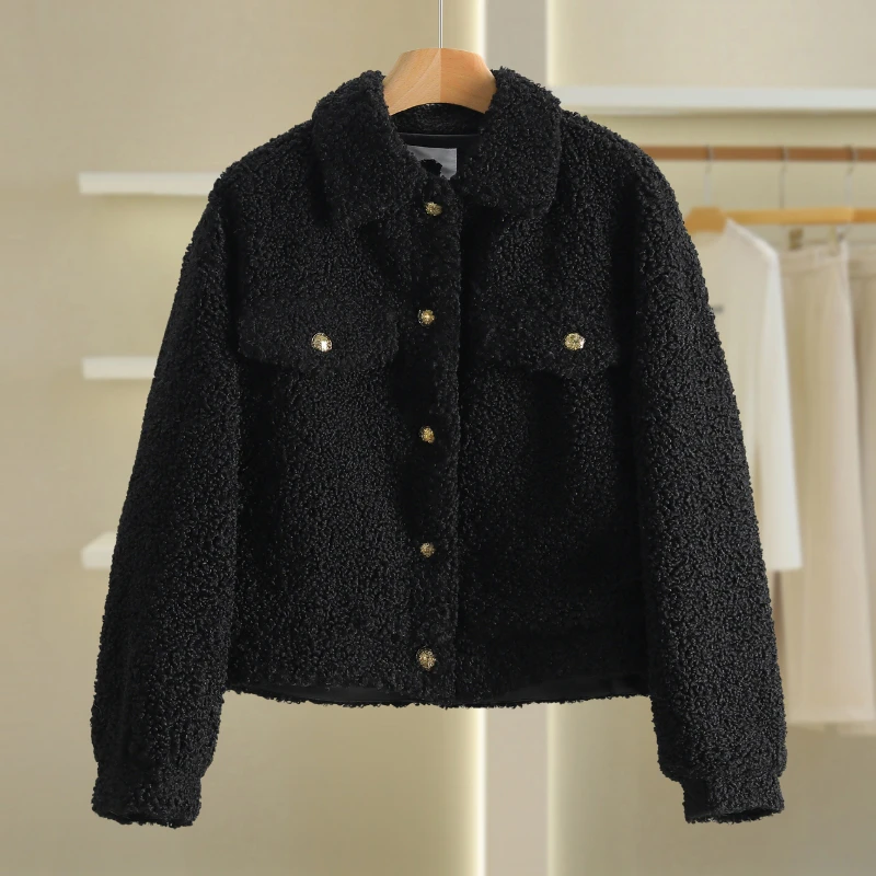 【伍莎-自营】单排扣方领宽松颗粒绒外套#VZA38W035