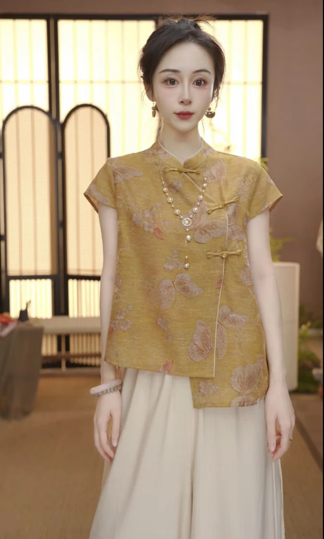 新中式2025夏季气质百搭提花立领短袖上衣女-180