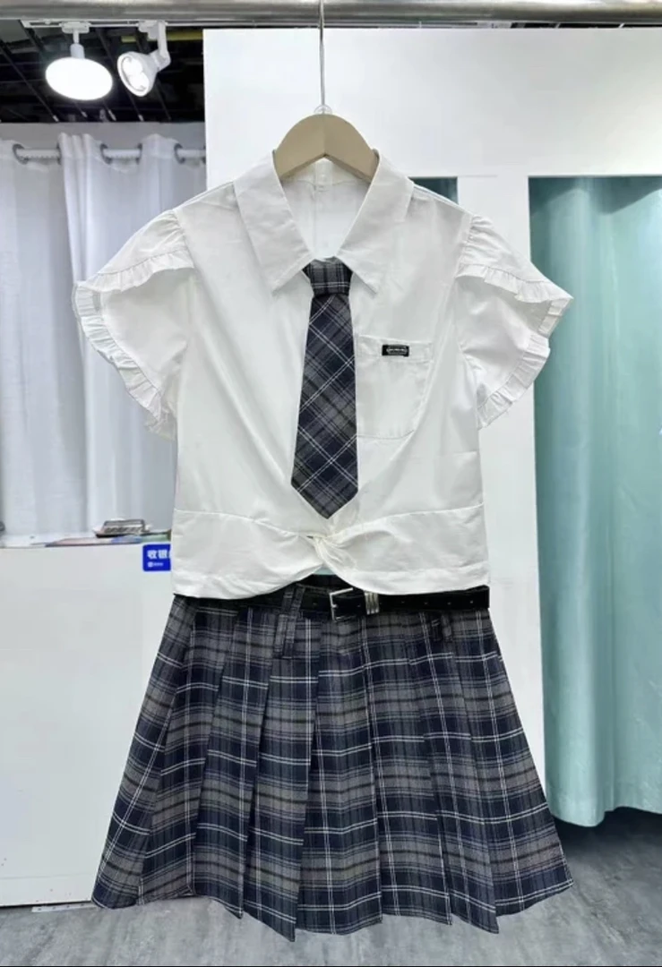 夏季时尚气质显瘦百搭格子百褶裙衬衫学院风套装女