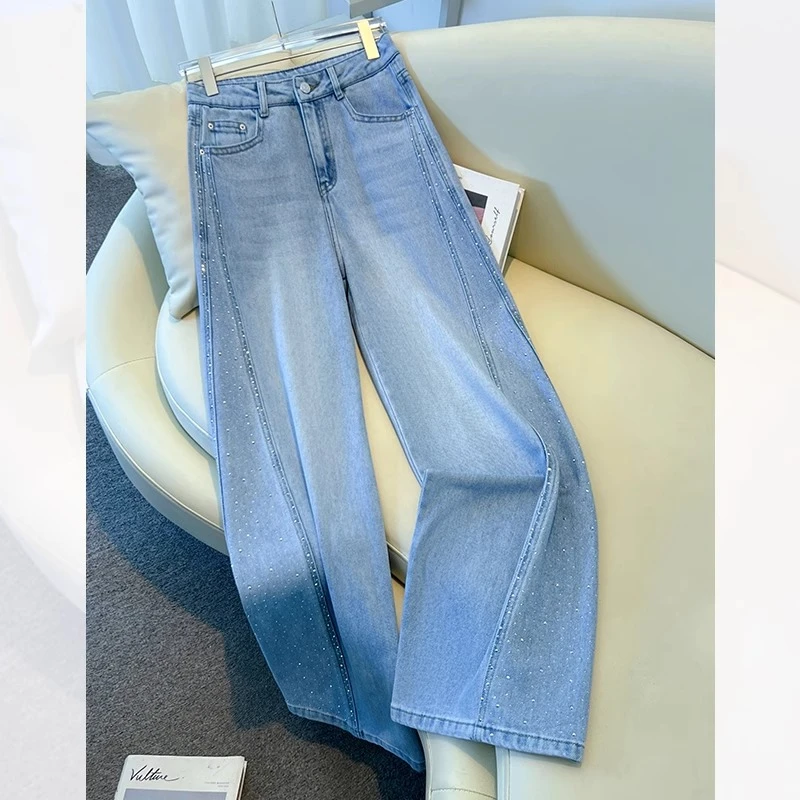 高端烫钻阔腿牛仔裤女2025夏季新款爆款高腰小个子裤子窄版直筒裤