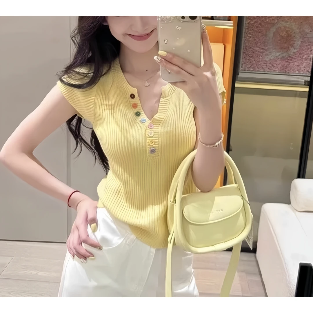 4023大码女装2025夏季新款时尚百搭半开领彩色纽扣短袖针织上衣女