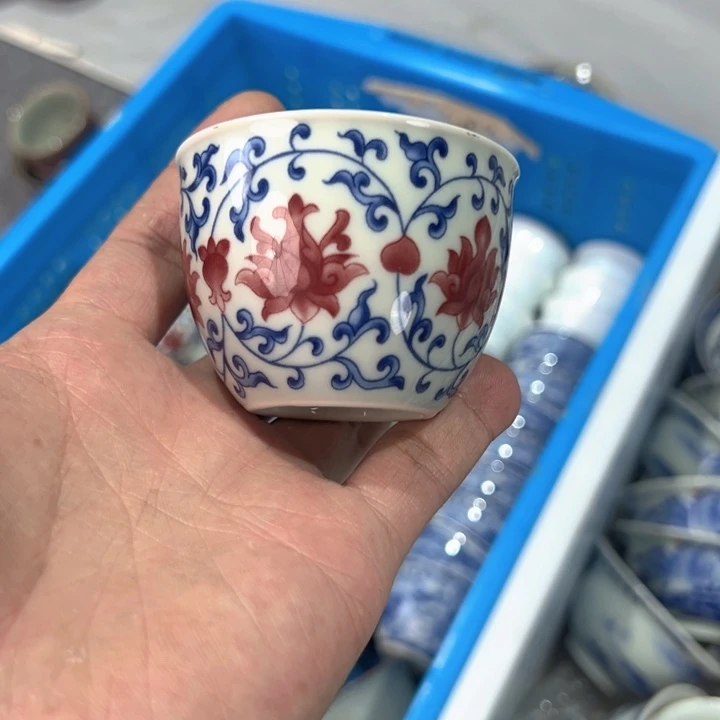 瓷片白青花釉里红缠枝莲刚杯客杯