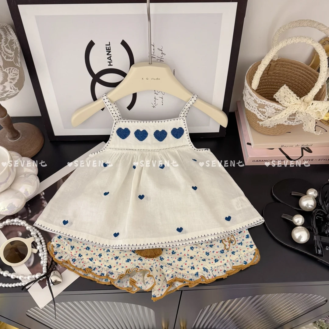 女童2025夏季新款女童气质绣花背心碎花短裤套装森系套装C23152