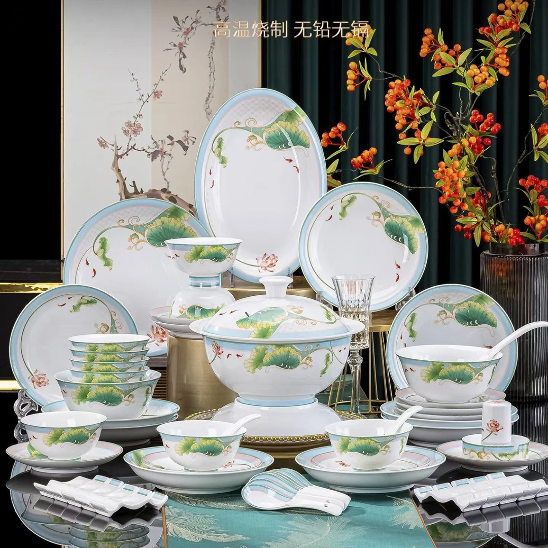 58头莲叶碧玉餐具套装送礼高级手工家用碗碟高档陶瓷结婚乔迁中式