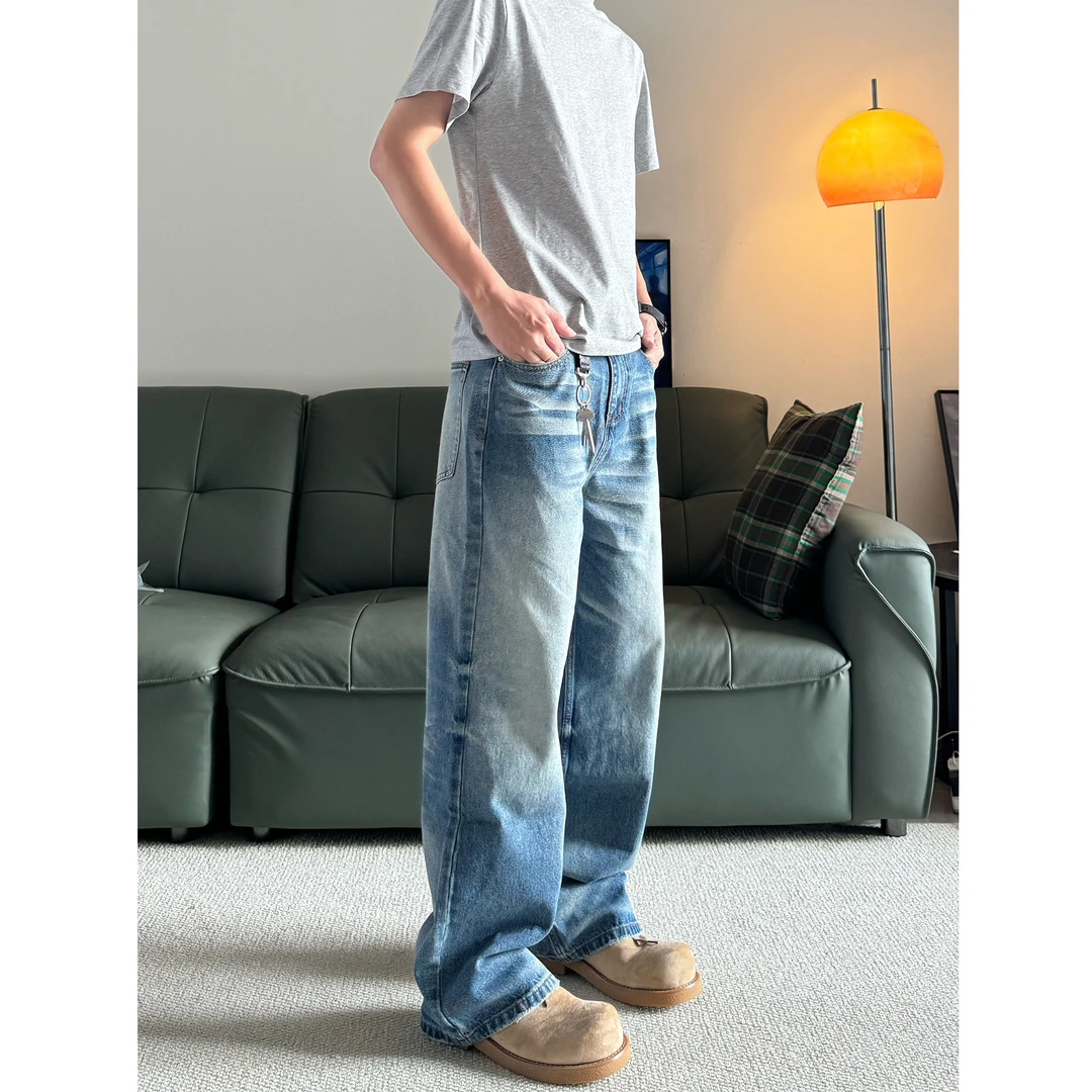 VRESH美式高街cleanfit复古冰蓝猫须男女洗水直筒宽松牛仔裤