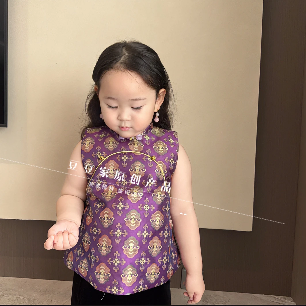 仿蜀锦织锦缎儿童马夹秋冬新款马甲气质女童上衣生日衣服