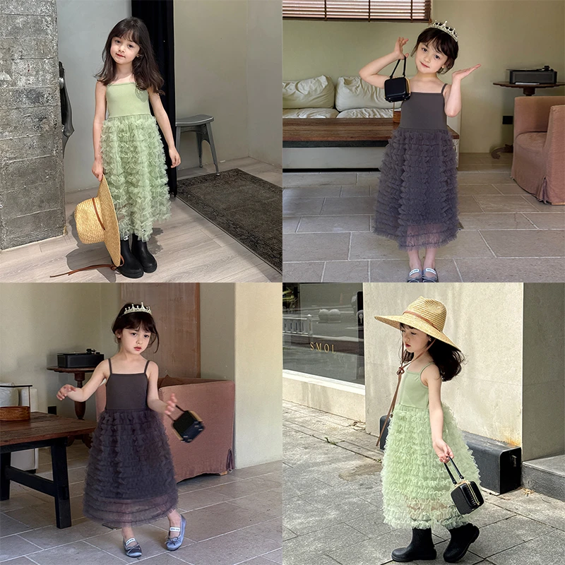 SKD2522女大童韩版洋气吊带裙纱裙夏装新款女童网纱压褶公主裙潮