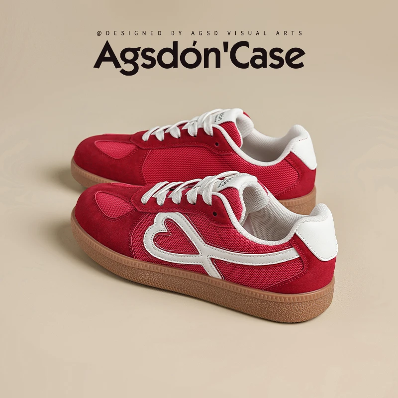 奥古狮登红色德训鞋女2025新款春季厚底复古休闲2024秋冬运动板鞋