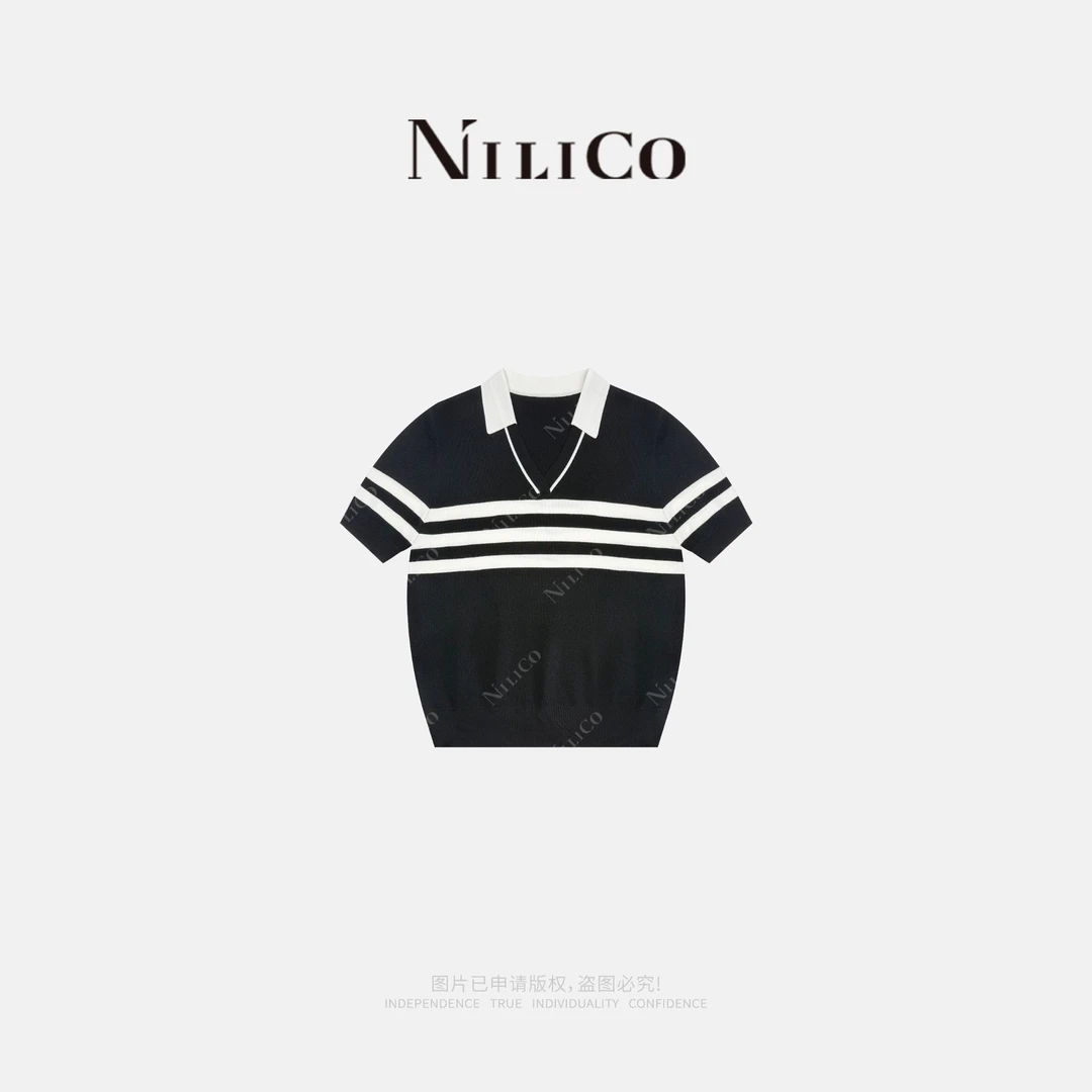 NILICO【简韵】条纹休闲减龄撞色polo领短袖上衣