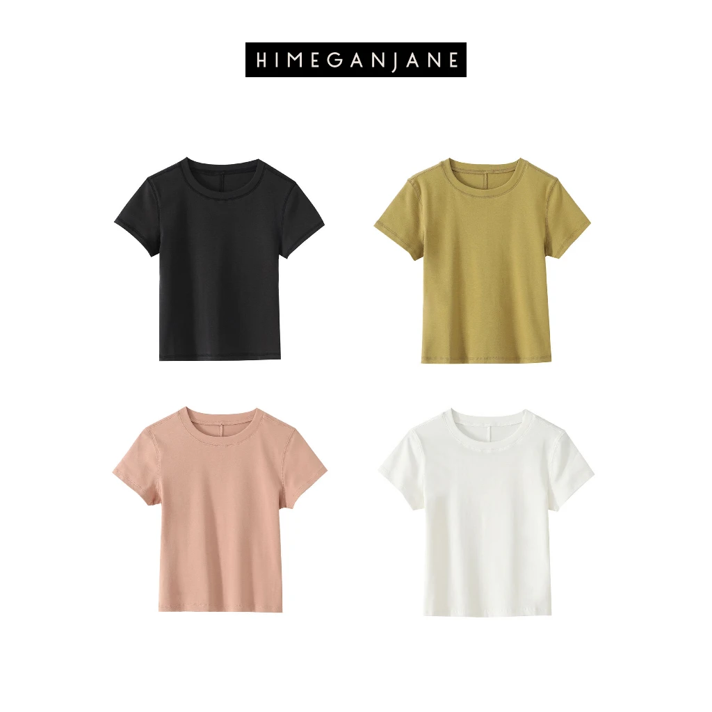 HIMEGANJANE “超模T”巨显瘦明线设计 简约纯色圆领短袖11860