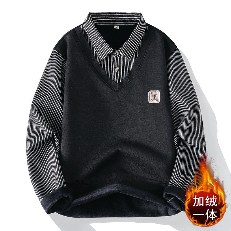 秋冬打底衫男衬衫领毛衣宽松保暖加绒加厚假两件长袖休闲男装上衣