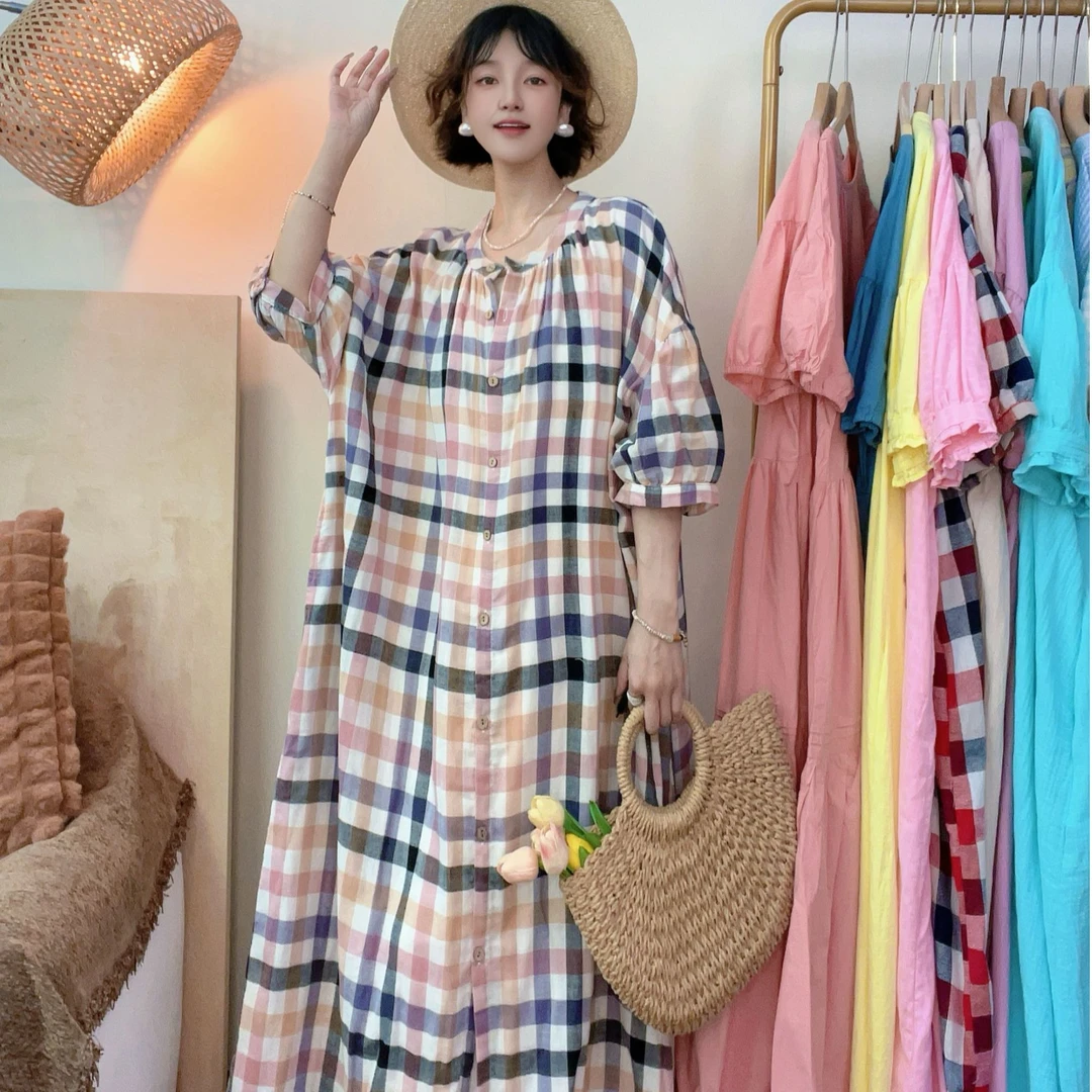 【喜柚自制】栀子呢喃 复古甜美格子韩版小清新中长款显瘦连衣裙