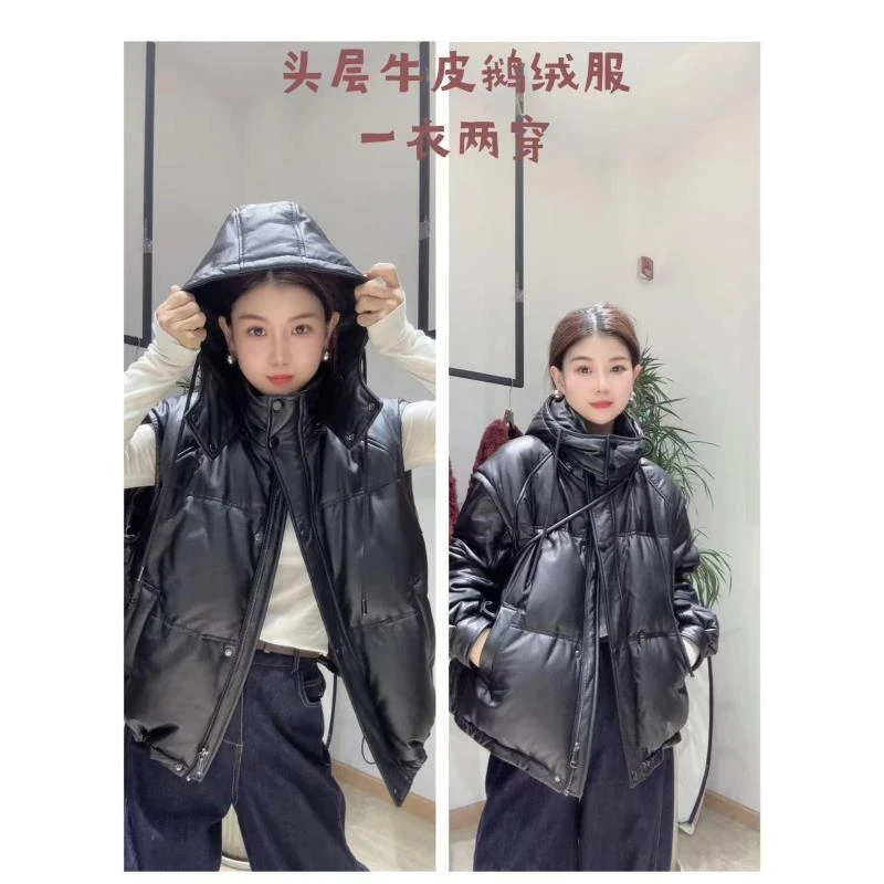 西夏尚美【3577】一衣两穿可拆卸头层牛皮女装保暖外套大气短款连帽
