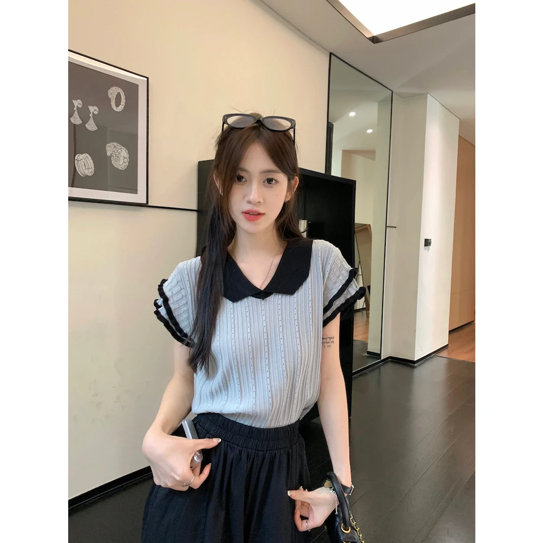 镂空翻领减龄设计感上衣薄款夏季新款娃娃领小飞袖针织短袖女T恤