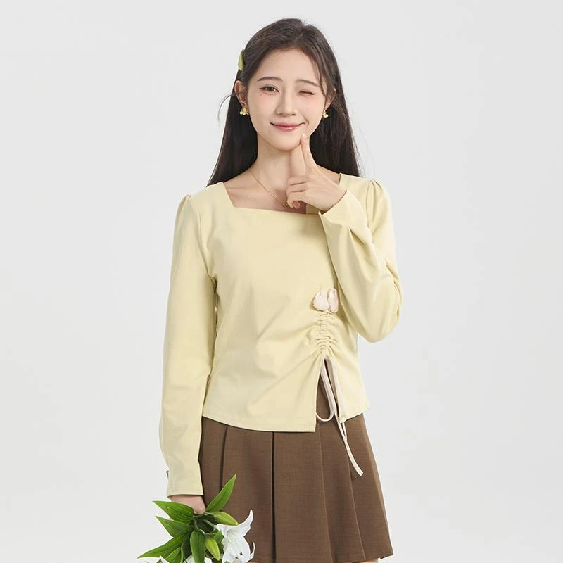 慕兔法式方领不规则抽绳长袖衬衫女春2025新款别致设计感小众上衣