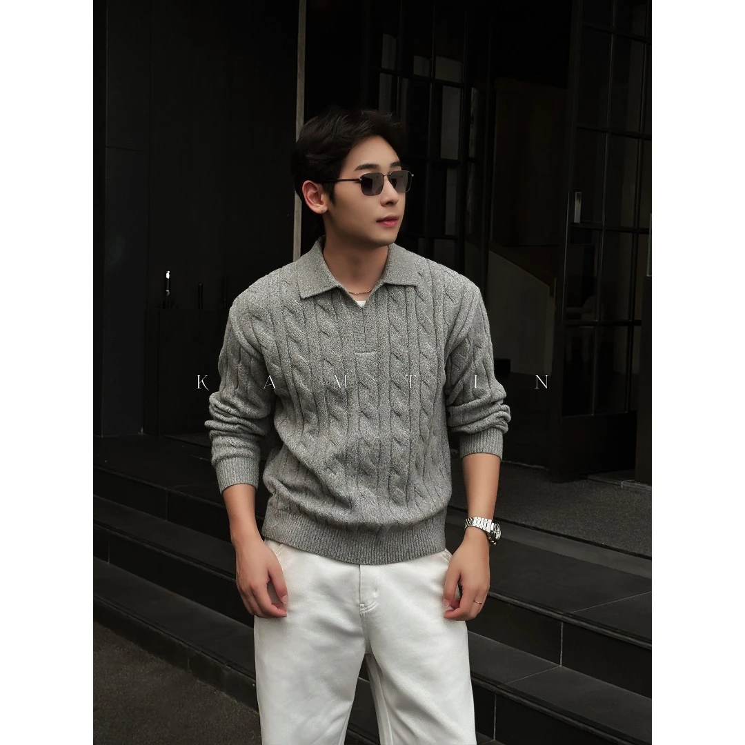 美式高级感「绞花纹理」秋冬慵懒套头毛衣男士厚款宽松针织POLO衫