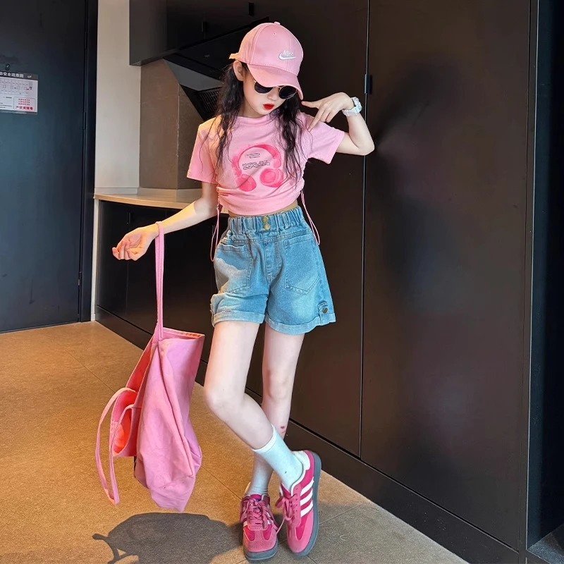 女童牛仔短裤夏2025新款洋气儿童五分裤子薄款女大童潮酷穿搭套装