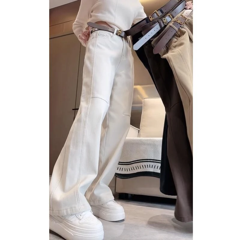 唐芯媛高腰直筒牛仔裤时尚加绒加厚秋冬新款宽松显窄版阔腿长裤