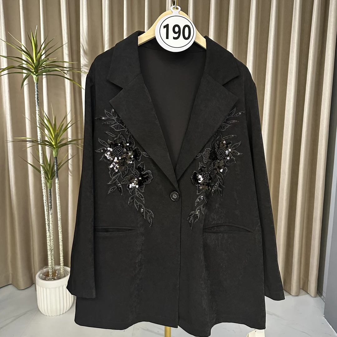 【190】中长款POLO领刺绣宽松型长袖西装春季潮流百搭设计师