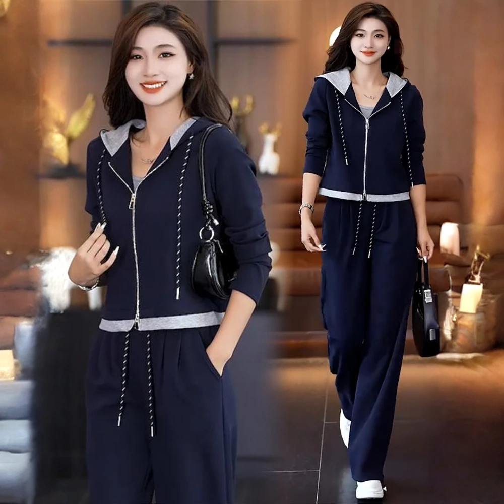 休闲运动套装女2025秋季新款洋气显瘦拼接连帽卫衣阔腿裤两件套潮