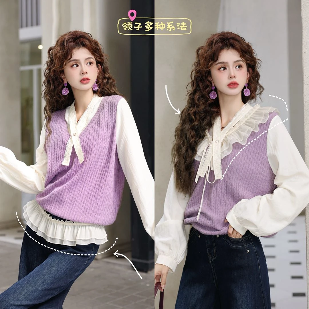 陈大器【玉兰芬芳】港风复古假俩件长袖百搭宽松衬衫JS1116374