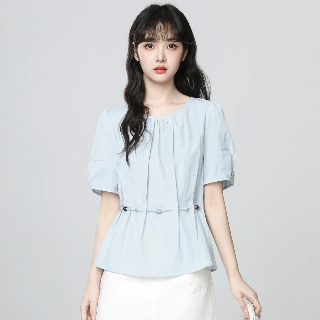 蓝色圆领短袖衬衫女夏2025夏季新款设计感系带收腰泡泡袖衬衣上衣