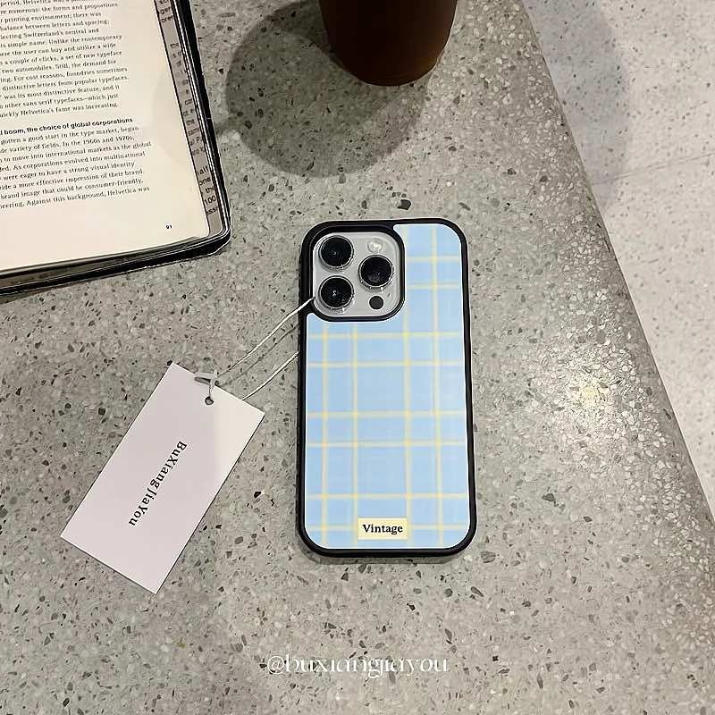 创意小众简约天蓝格子适用苹果16手机壳iPhone15新款网红全包防摔