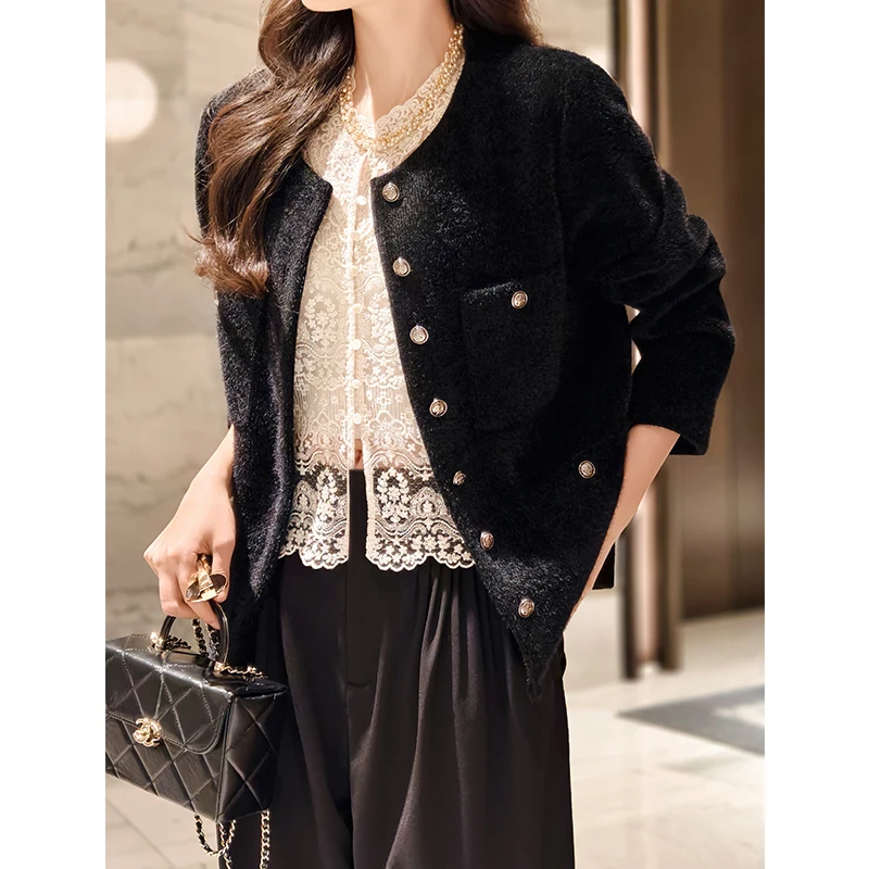 美洋MEIYANG 鱼子酱外套 仿丝毛针织_优雅干练宽松圆领小香风上衣