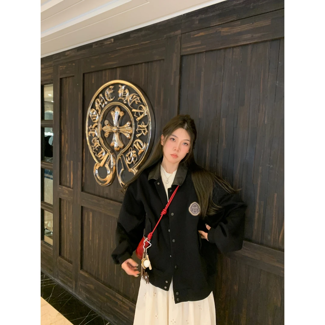 美式复古徽章刺绣翻领黑色棒球服外套女春季新款韩版百搭肩宽上衣